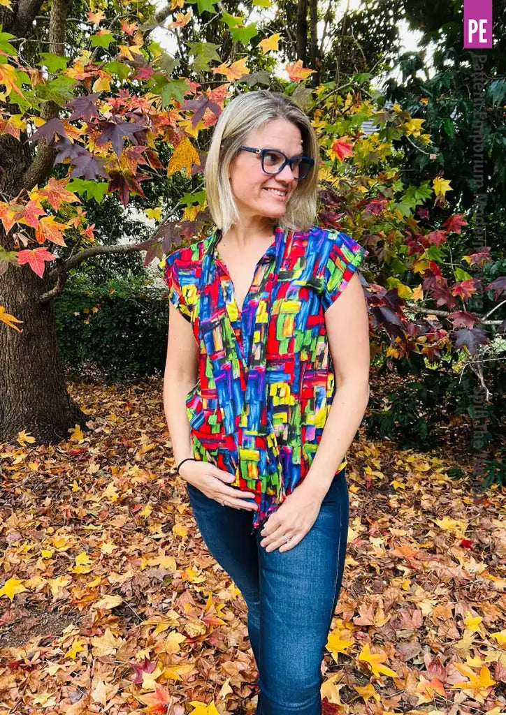 Tie Neck Top PDF Sewing Pattern for Women Featuring a Tapered Neck Tie and Cap or Flared Long Sleeves