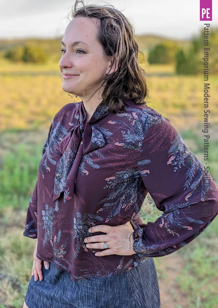 Tie Neck Top PDF Sewing Pattern for Women Featuring a Tapered Neck Tie and Cap or Flared Long Sleeves