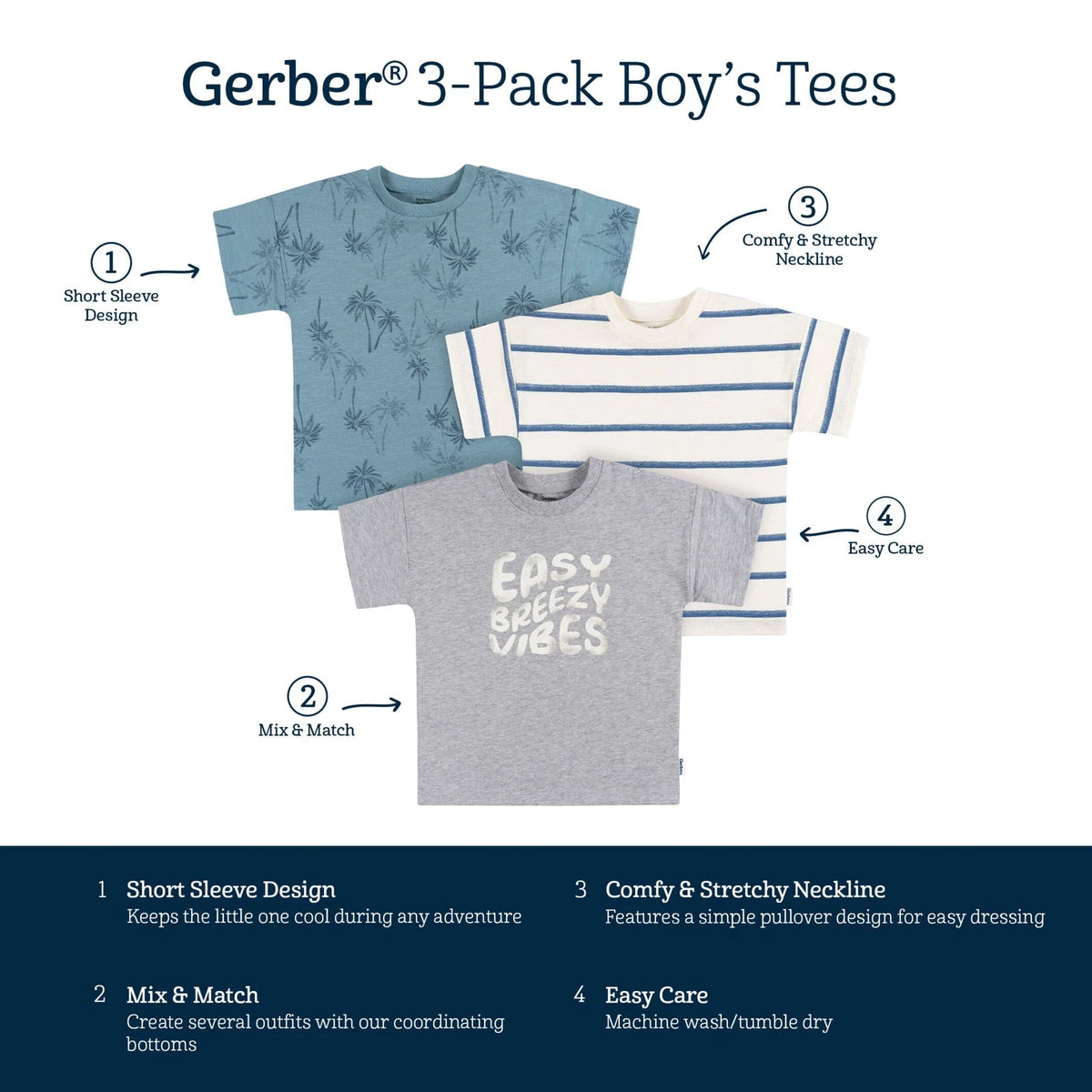 Toddler Boy 3-Pack T-Shirts with Cotton Comfort, Stretch Necklines and Assorted Prints for Everyday Play