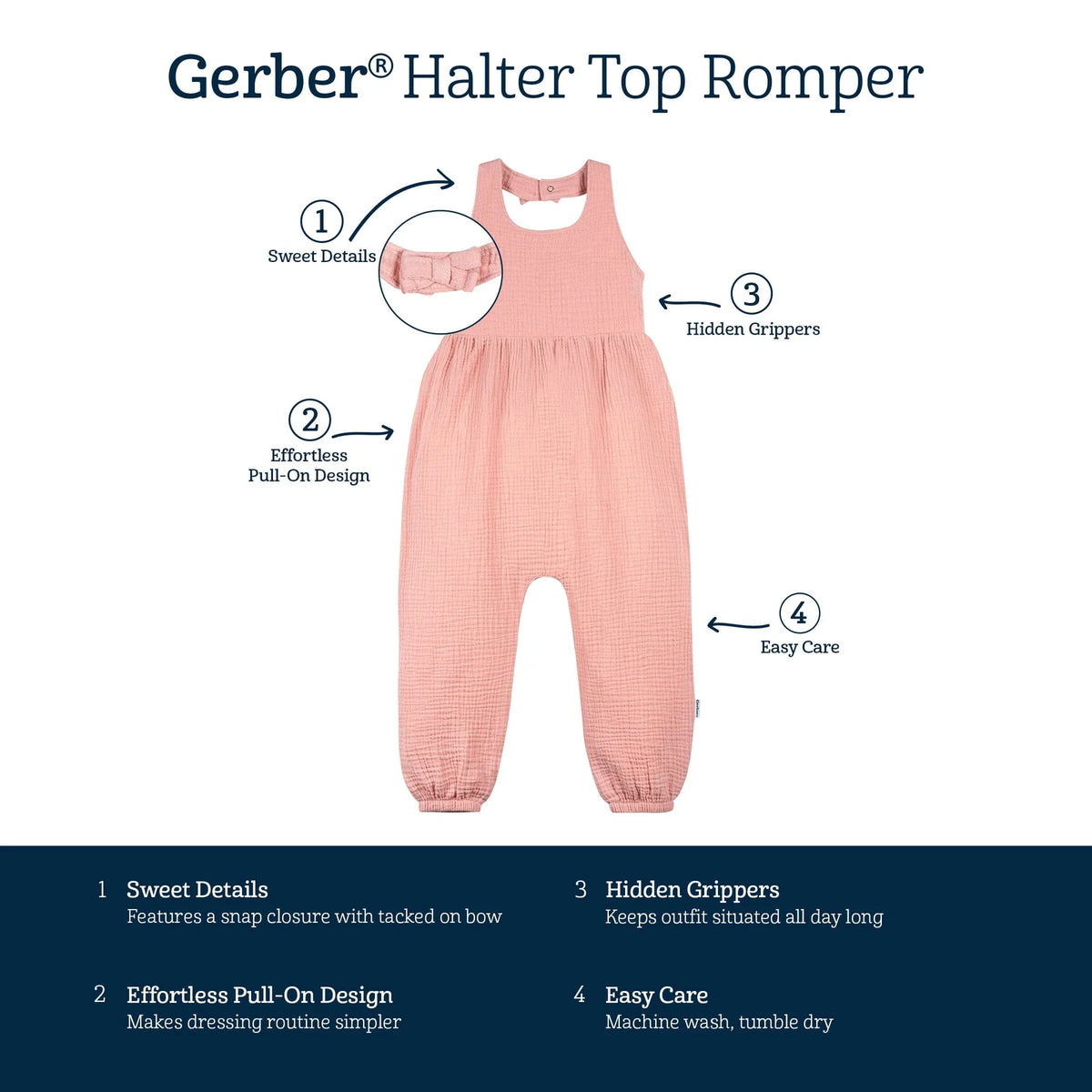 Toddler Girls Rose Pink Halter Romper in Lightweight 100% Cotton Gauze for Warm-Weather Days
