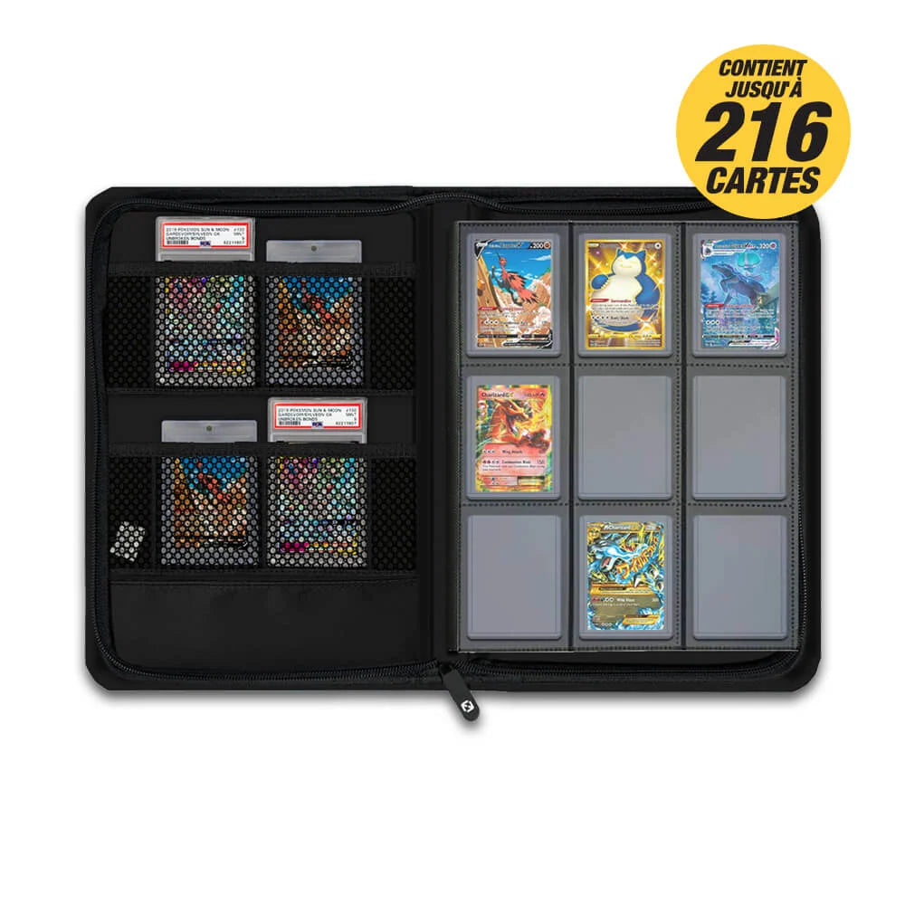 Toploader Binder for 216 Cards in Standard 35pt Holders, Featuring Side-Loading Pages and a Zipper Closure