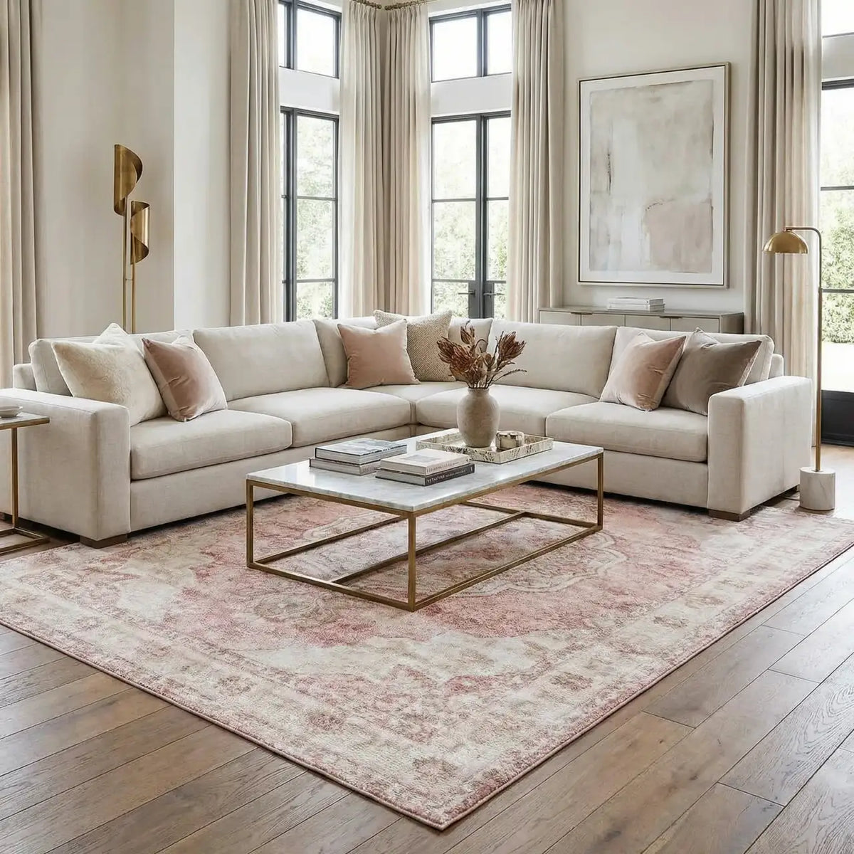 Traditional Area Rug in Pale Pink and Cream, Machine-Woven