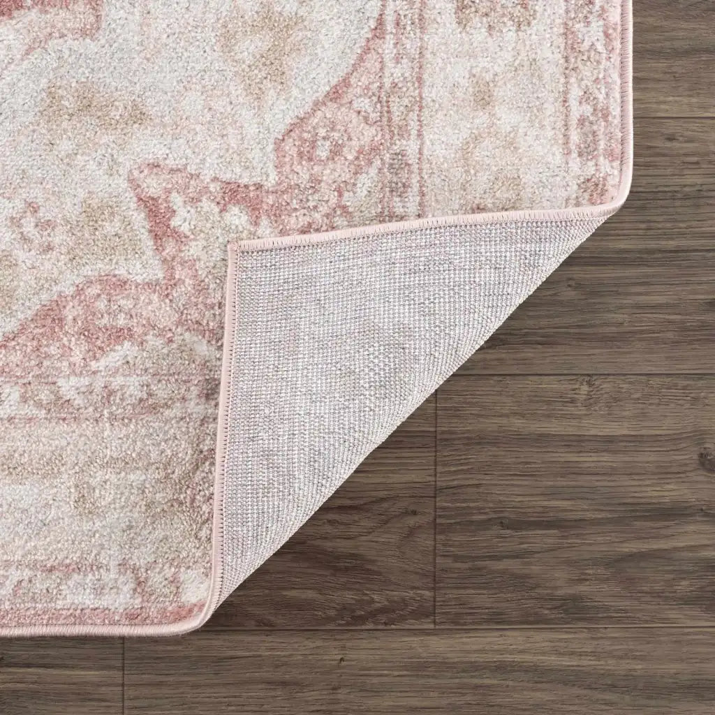 Traditional Area Rug in Pale Pink and Cream, Machine-Woven