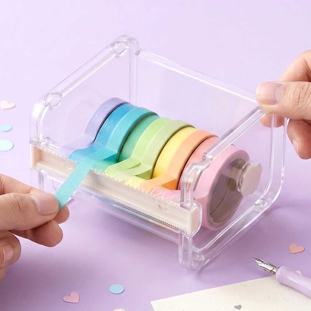 Transparent Washi Tape Cutter Organizer for 4–10 Rolls, Stackable Desk Storage for Journaling and Scrapbooking