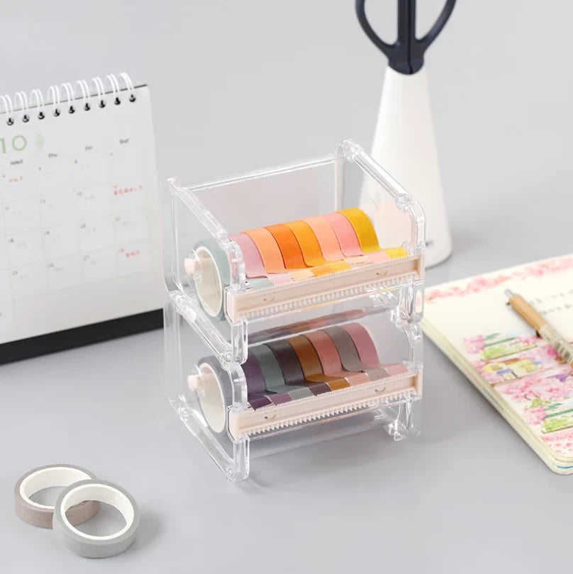 Transparent Washi Tape Cutter Organizer for 4–10 Rolls, Stackable Desk Storage for Journaling and Scrapbooking