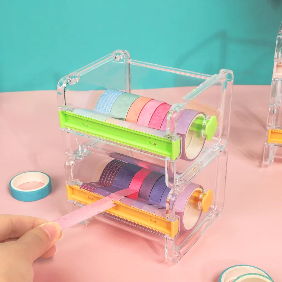 Transparent Washi Tape Cutter Organizer for 4–10 Rolls, Stackable Desk Storage for Journaling and Scrapbooking