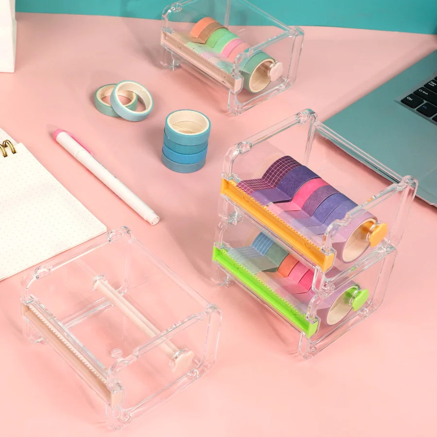 Transparent Washi Tape Cutter Organizer for 4–10 Rolls, Stackable Desk Storage for Journaling and Scrapbooking