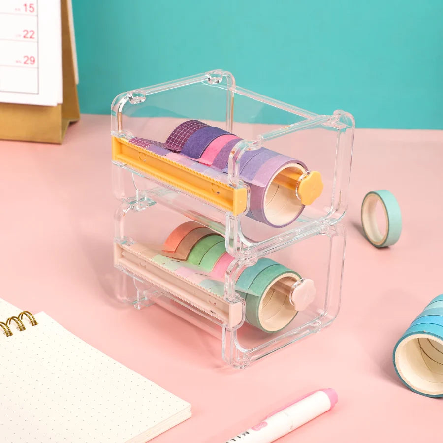 Transparent Washi Tape Cutter Organizer for 4–10 Rolls, Stackable Desk Storage for Journaling and Scrapbooking