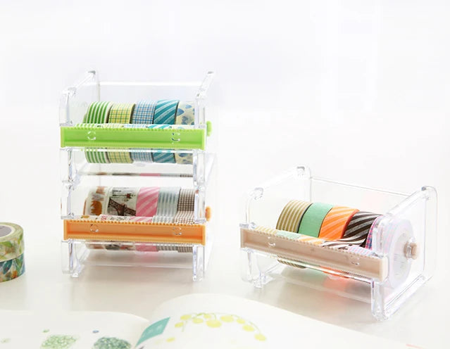 Transparent Washi Tape Cutter Organizer for 4–10 Rolls, Stackable Desk Storage for Journaling and Scrapbooking