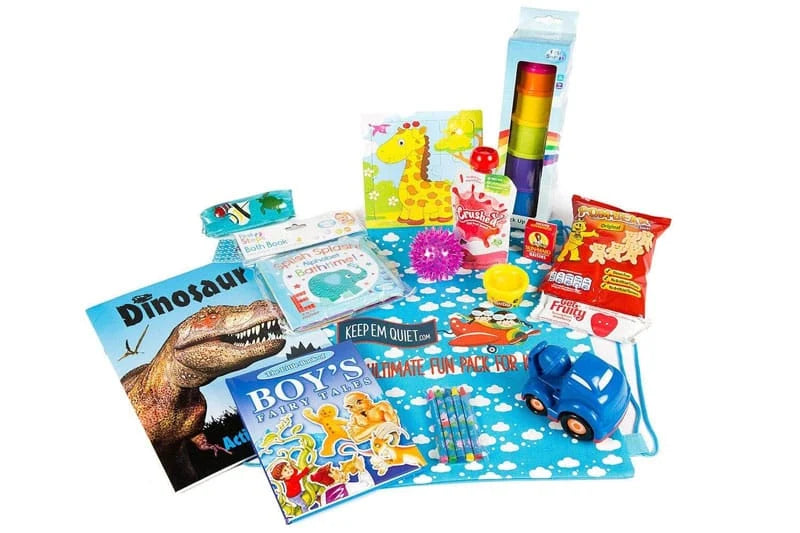 Travel Activity Toy Pack for Toddlers with 9 Entertainment Items, Crayons and Reusable Rucksack for Trips