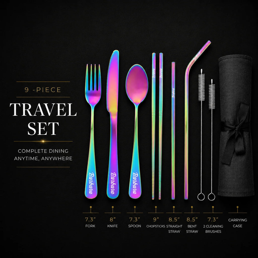 Travel Cutlery Set with Satin Rainbow Finish, Stainless Steel Utensils, Chopsticks, Straws, Brushes and Carrying Case