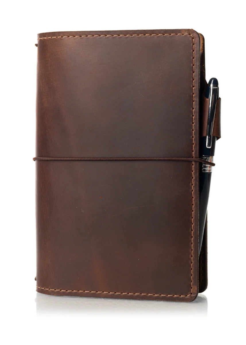 Traveler's Notebook in Brown Full Grain Leather with Cascade Pocket Design for Everyday Writing