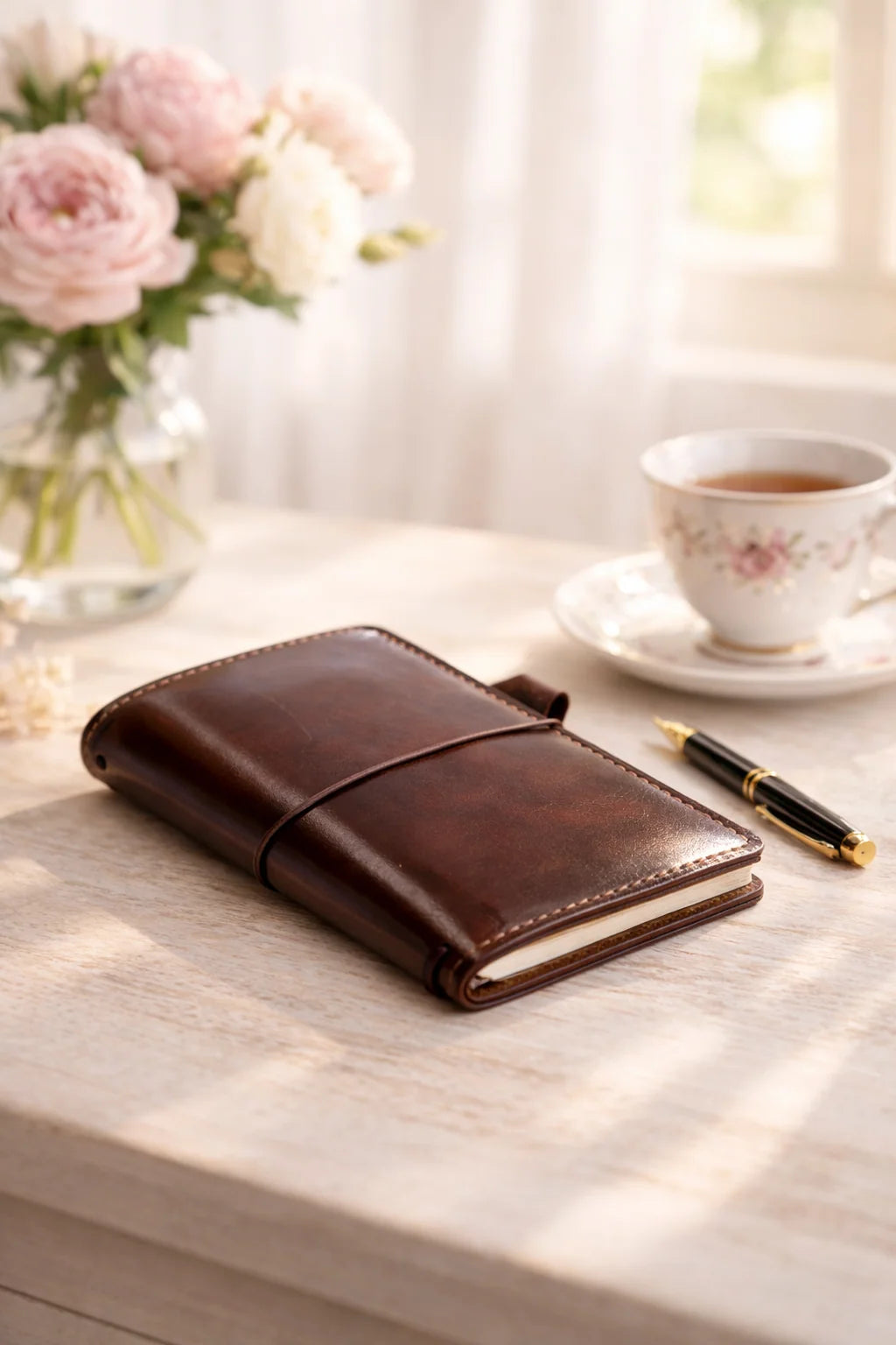 Traveler's Notebook in Brown Full Grain Leather with Cascade Pocket Design for Everyday Writing