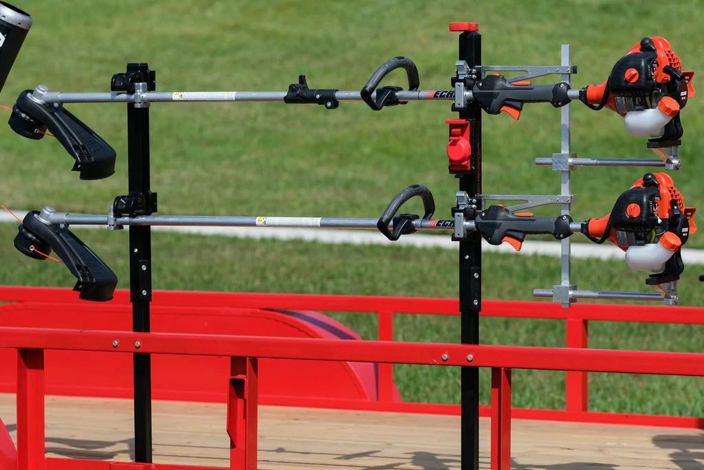 Trimmer Rack for Open and Enclosed Trailers with Adjustable Motor Support and Included Keyed Lock