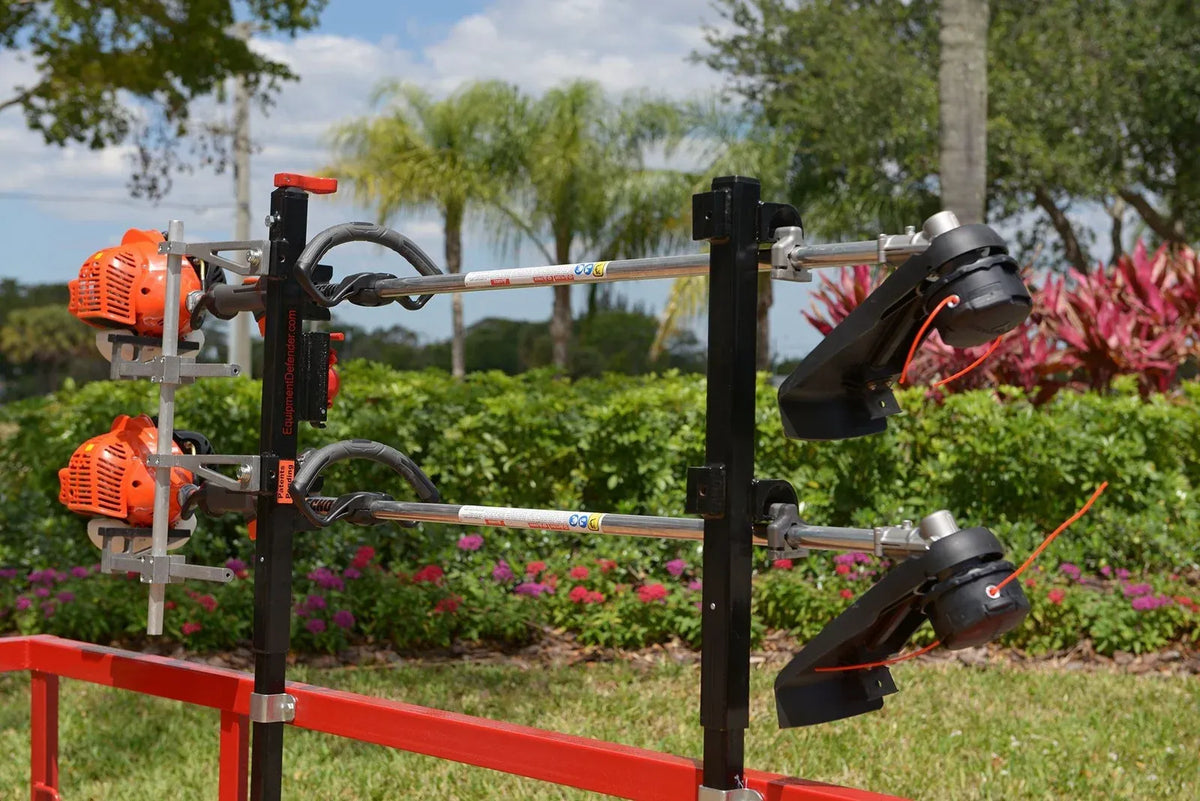 Trimmer Rack for Open and Enclosed Trailers with Adjustable Motor Support and Included Keyed Lock