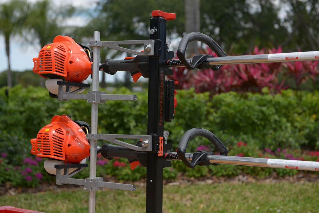 Trimmer Rack for Open and Enclosed Trailers with Adjustable Motor Support and Included Keyed Lock