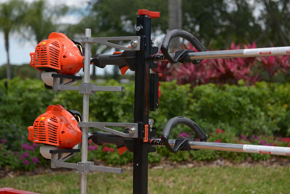 Trimmer Rack for Open and Enclosed Trailers with Adjustable Motor Support and Included Keyed Lock