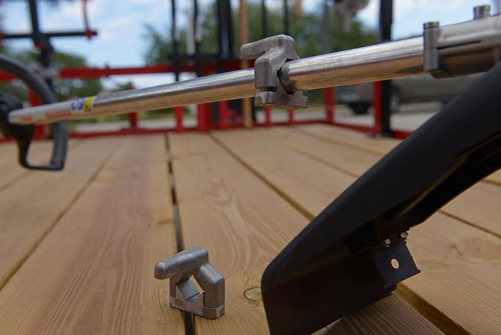 Trimmer Rack for Open and Enclosed Trailers with Adjustable Motor Support and Included Keyed Lock