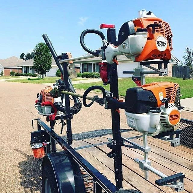 Trimmer Rack for Open and Enclosed Trailers with Adjustable Motor Support and Included Keyed Lock