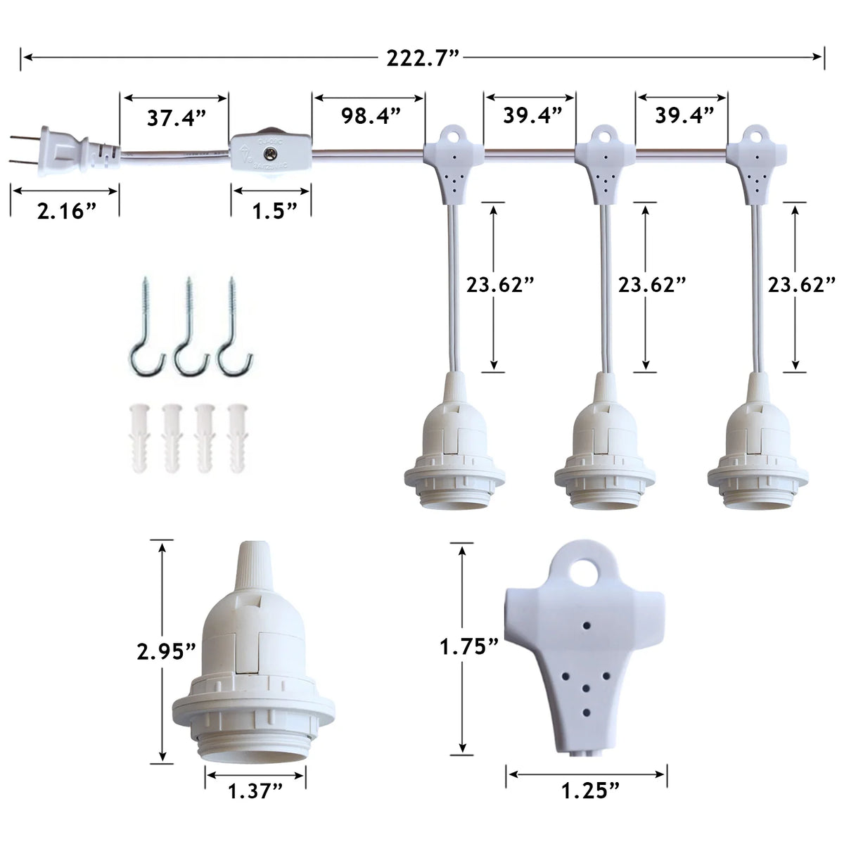 Triple Socket Pendant Lamp Cord in White, 19 Feet Long