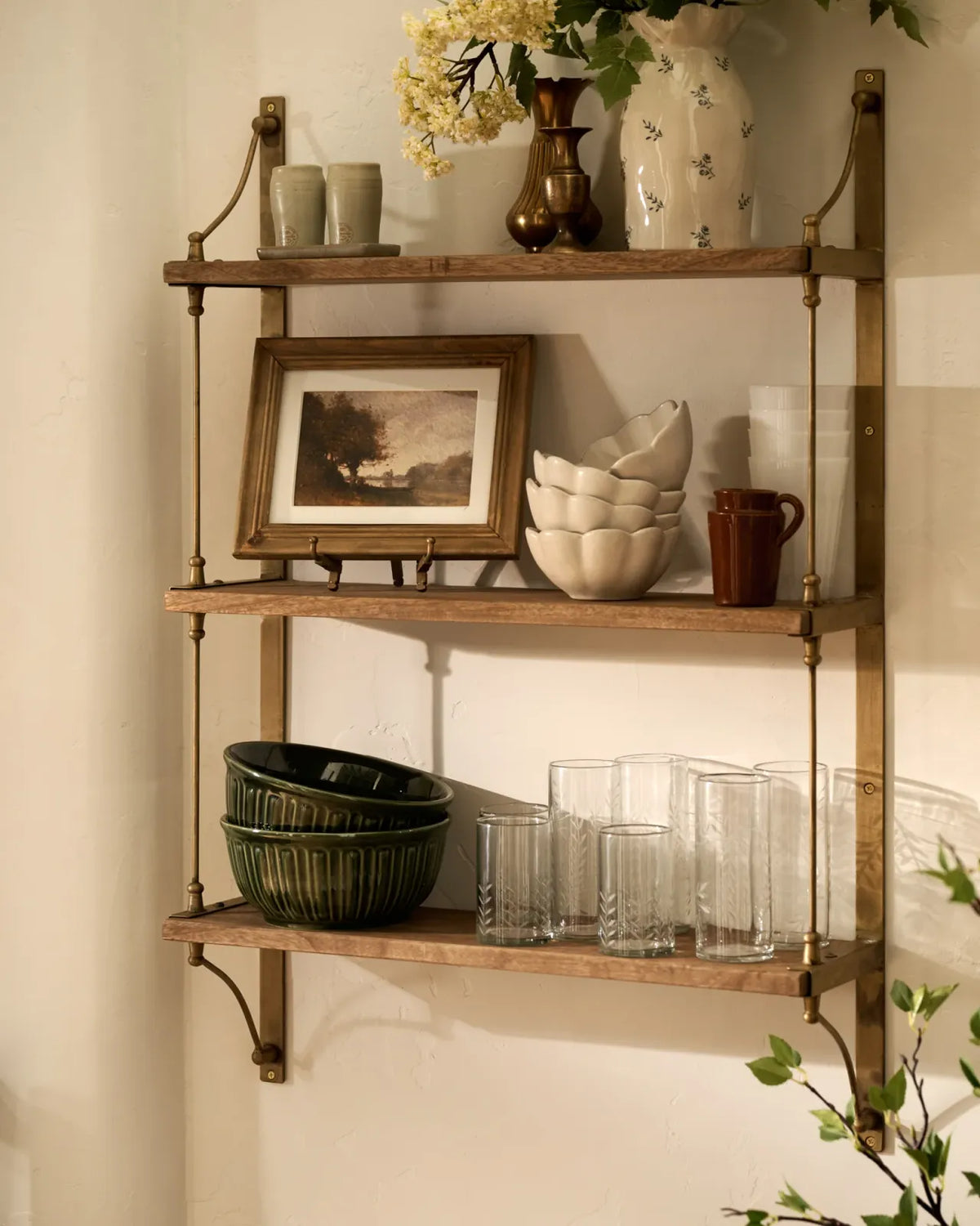 Triple-Tier Wall Storage Shelf in Solid Mango Wood and Brass-Finish Iron for Kitchen, Bathroom, or Living Room Decor