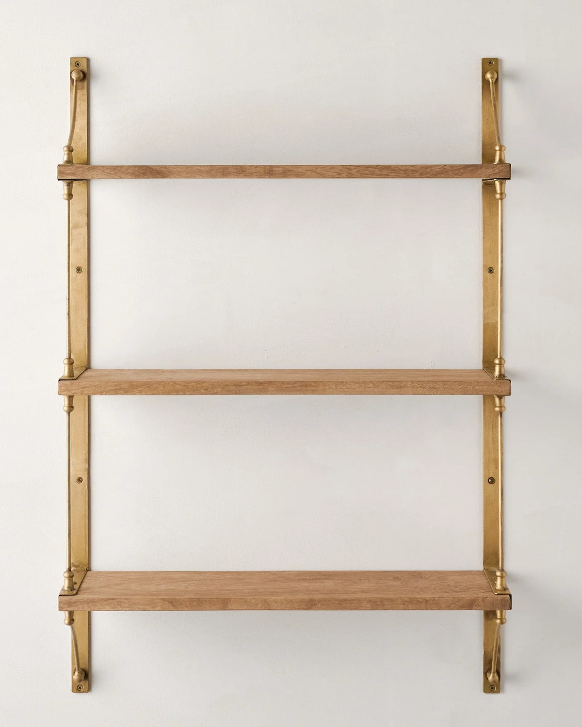 Triple-Tier Wall Storage Shelf in Solid Mango Wood and Brass-Finish Iron for Kitchen, Bathroom, or Living Room Decor
