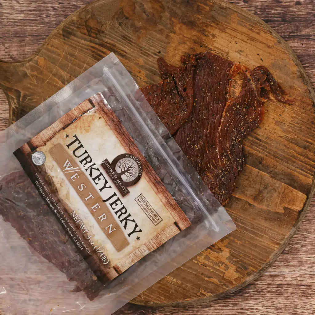 Turkey Jerky Snack, Savory Medium-Moist Slices in 1 lb or 1/4 lb Vacuum-Sealed Packs · Savory turkey jerky