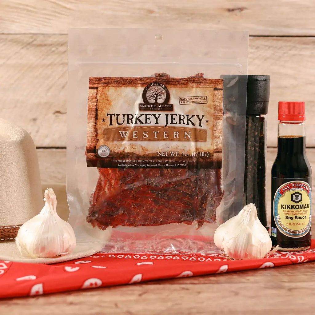 Turkey Jerky Snack, Savory Medium-Moist Slices in 1 lb or 1/4 lb Vacuum-Sealed Packs · Savory turkey jerky