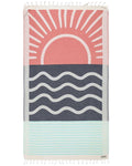 Turkish Cotton Beach Towel in Maui Sunset Multi Design with Twisted Tassels, Quick-Drying Sand-Resistant Weave