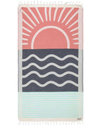 Turkish Cotton Beach Towel in Maui Sunset Multi Design with Twisted Tassels, Quick-Drying Sand-Resistant Weave