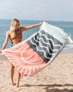Turkish Cotton Beach Towel in Maui Sunset Multi Design with Twisted Tassels, Quick-Drying Sand-Resistant Weave
