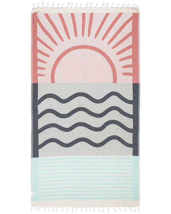 Turkish Cotton Beach Towel in Maui Sunset Multi Design with Twisted Tassels, Quick-Drying Sand-Resistant Weave