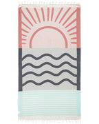 Turkish Cotton Beach Towel in Maui Sunset Multi Design with Twisted Tassels, Quick-Drying Sand-Resistant Weave