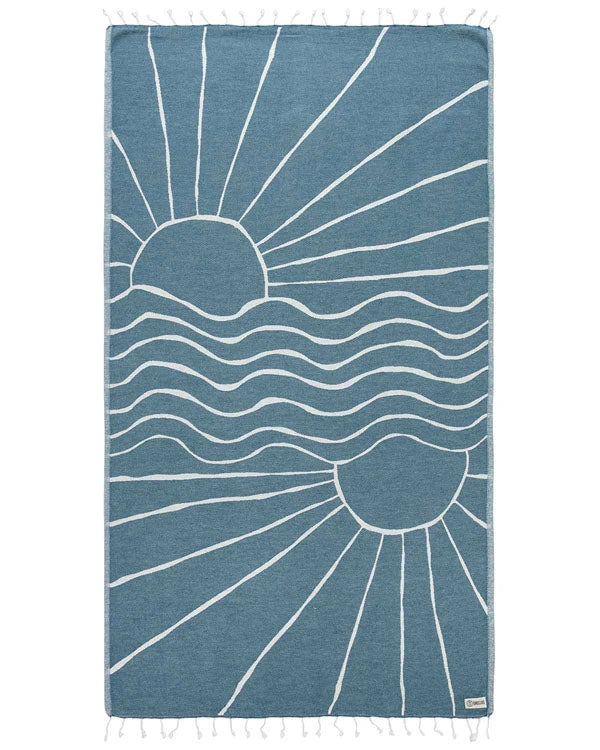 Turkish Organic Cotton Beach Towel with Deep Ocean Shadow Sun Design and Twisted Tassel Trim