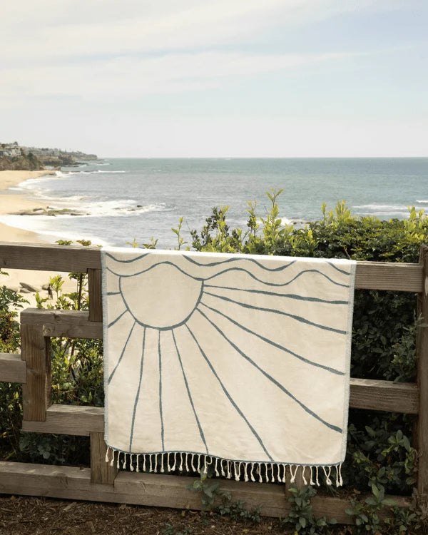 Turkish Organic Cotton Beach Towel with Deep Ocean Shadow Sun Design and Twisted Tassel Trim