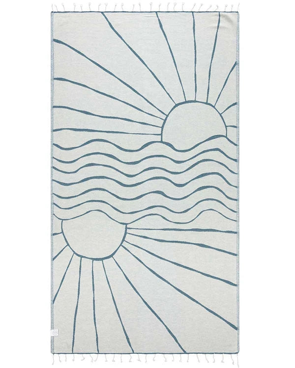 Turkish Organic Cotton Beach Towel with Deep Ocean Shadow Sun Design and Twisted Tassel Trim