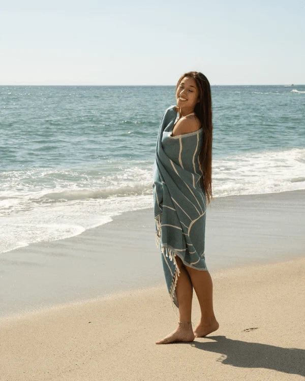 Turkish Organic Cotton Beach Towel with Deep Ocean Shadow Sun Design and Twisted Tassel Trim