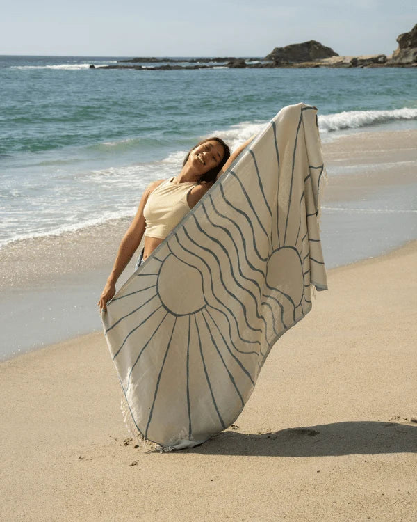 Turkish Organic Cotton Beach Towel with Deep Ocean Shadow Sun Design and Twisted Tassel Trim