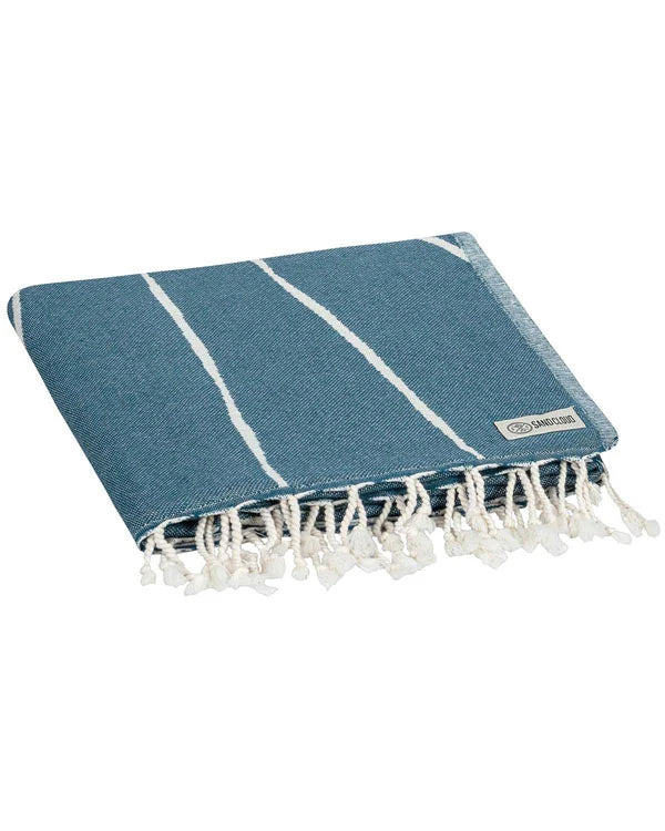 Turkish Organic Cotton Beach Towel with Deep Ocean Shadow Sun Design and Twisted Tassel Trim