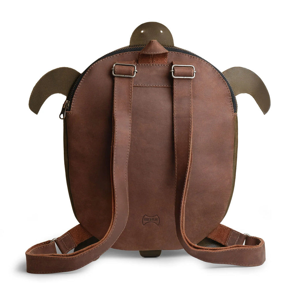 Turtle-Shaped Leather Backpack in Dark Jade, 11.5-Inch Handmade Design with Adjustable Straps and Zipper Closure