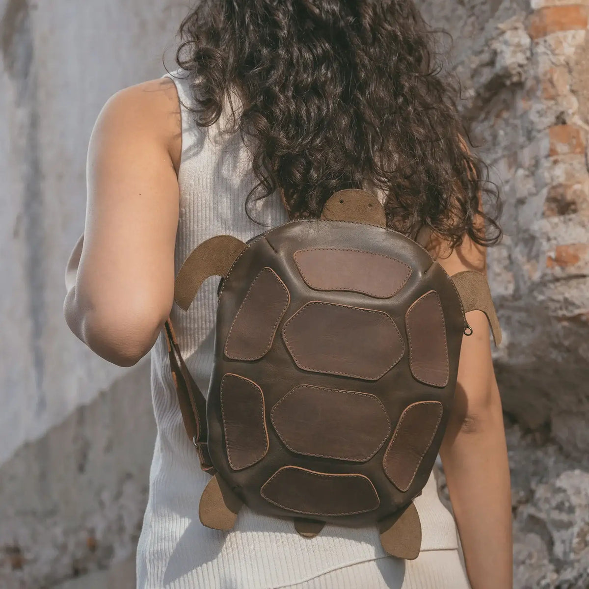 Turtle-Shaped Leather Backpack in Dark Jade, 11.5-Inch Handmade Design with Adjustable Straps and Zipper Closure