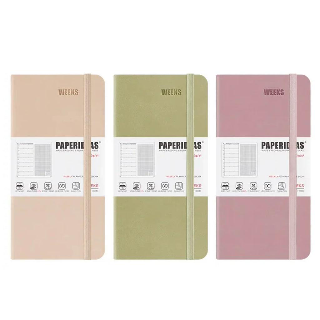 Undated Weekly Planner Notebook with Hard Cover, Monthly Calendars, Grid Notes, Dual Bookmarks and Expandable Pocket
