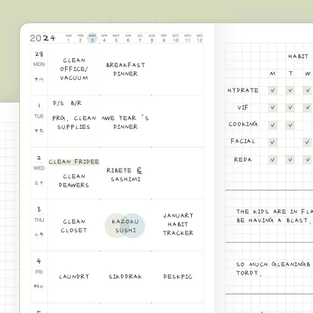 Undated Weekly Planner Notebook with Hard Cover, Monthly Calendars, Grid Notes, Dual Bookmarks and Expandable Pocket