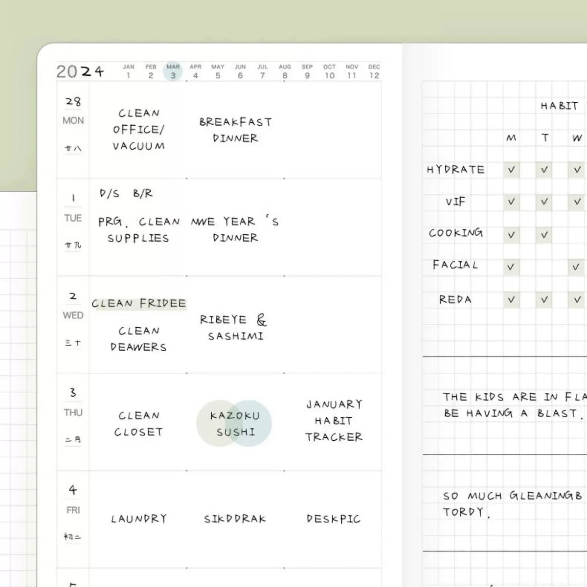Undated Weekly Planner Notebook with Hard Cover, Monthly Calendars, Grid Notes, Dual Bookmarks and Expandable Pocket
