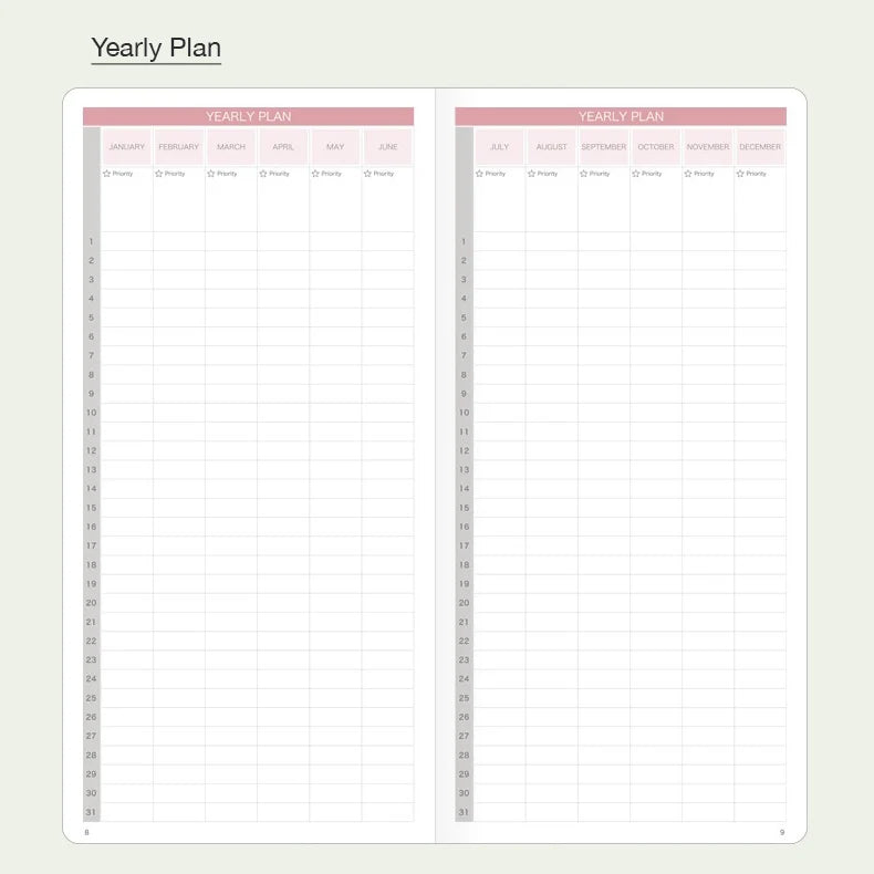Undated Weekly Planner Notebook with Hard Cover, Monthly Calendars, Grid Notes, Dual Bookmarks and Expandable Pocket