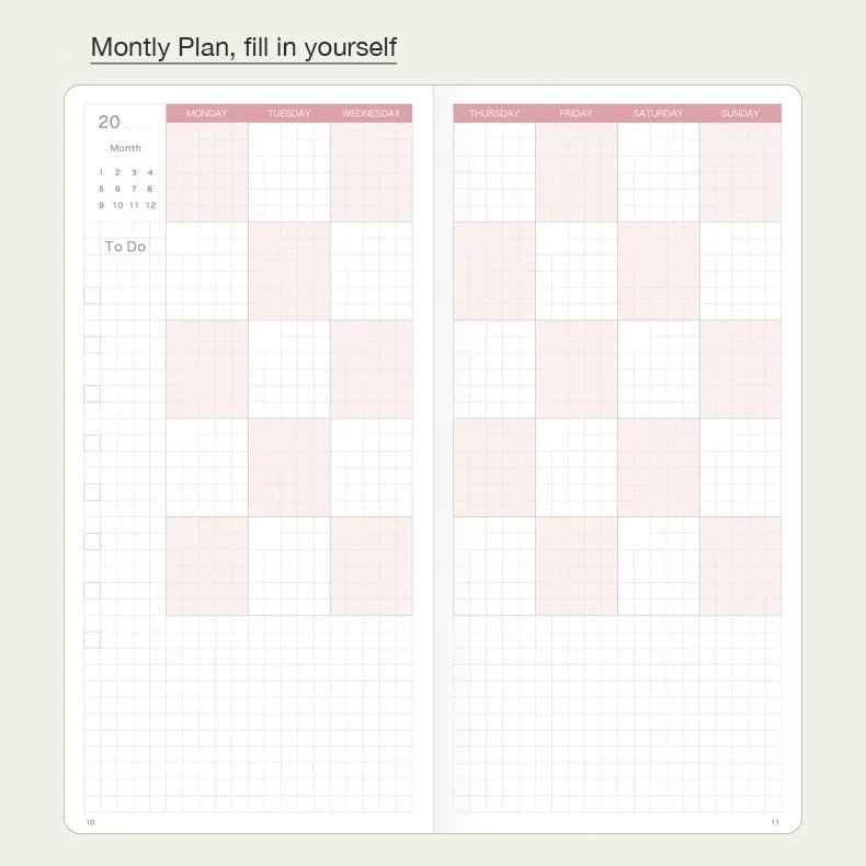 Undated Weekly Planner Notebook with Hard Cover, Monthly Calendars, Grid Notes, Dual Bookmarks and Expandable Pocket