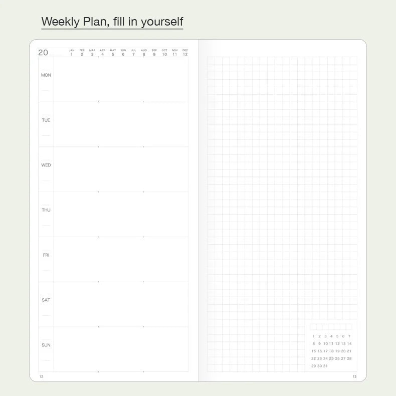Undated Weekly Planner Notebook with Hard Cover, Monthly Calendars, Grid Notes, Dual Bookmarks and Expandable Pocket