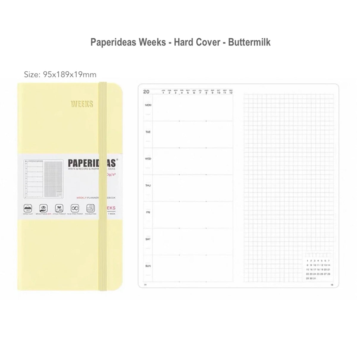 Undated Weekly Planner Notebook with Hard Cover, Monthly Calendars, Grid Notes, Dual Bookmarks and — Buttermilk - New Colour