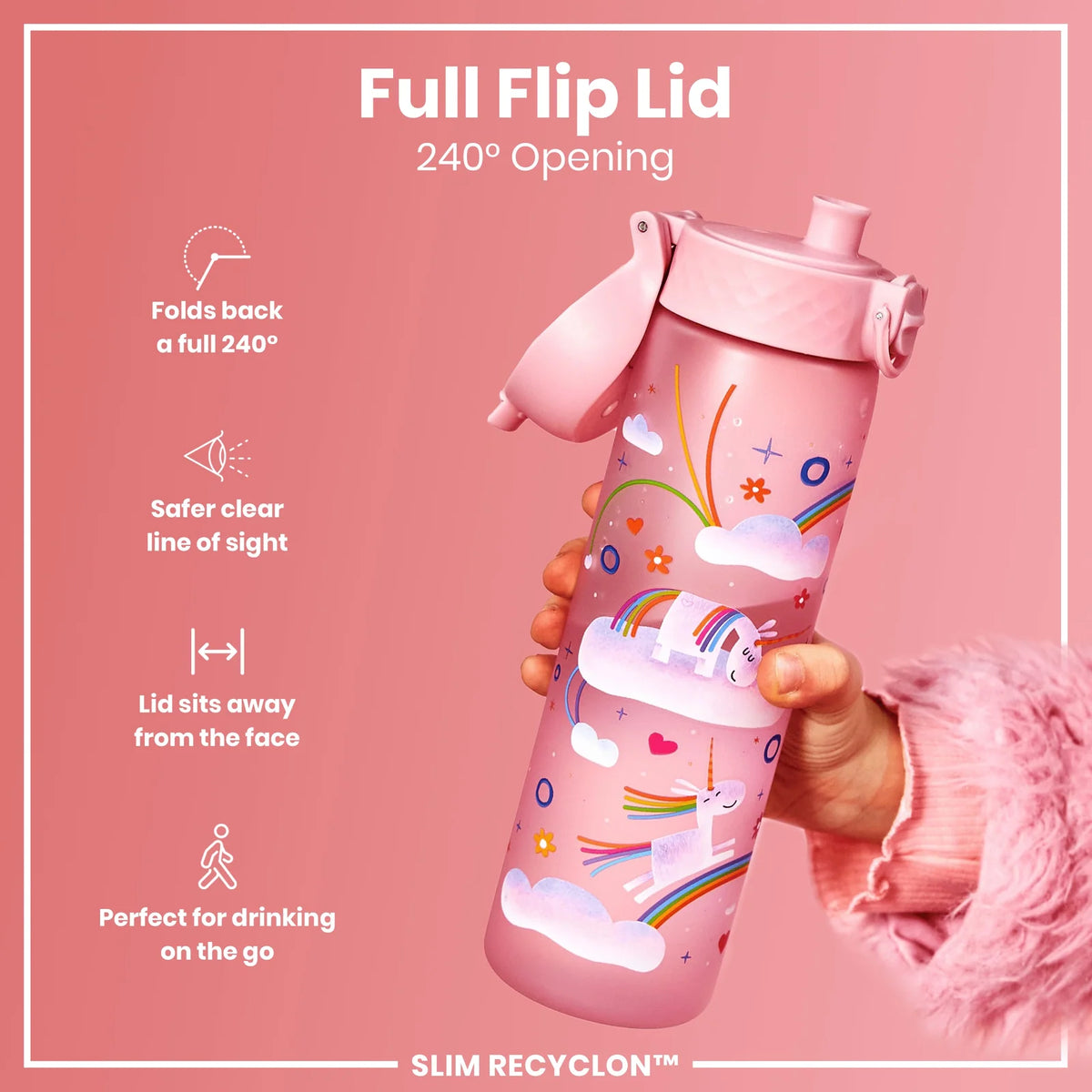 Unicorn Water Bottle in Pink, Leak-Proof Slim Design for School Lunch Boxes and Everyday Outings