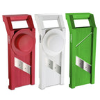 Universal Mandoline Slicer with Interchangeable Cutting Elements, Food Holder and Finger Protection